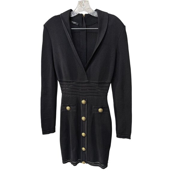 Balmain Paris Black Knit Long-Sleeve Mini Dress With Gold Button Details & Back - Picture 1 of 16